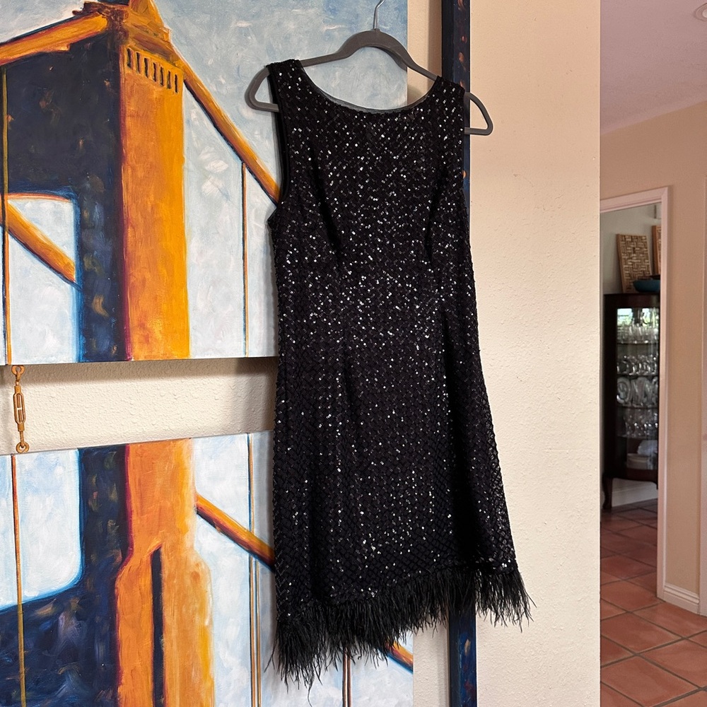 Elegant Black Sequins with Faux Ostrich Sleeveless Dress